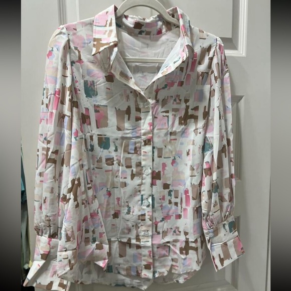 Classic Abstract Geo Print Cuff Sleeve Button Down Shirt Top Blouse - Picture 7 of 7